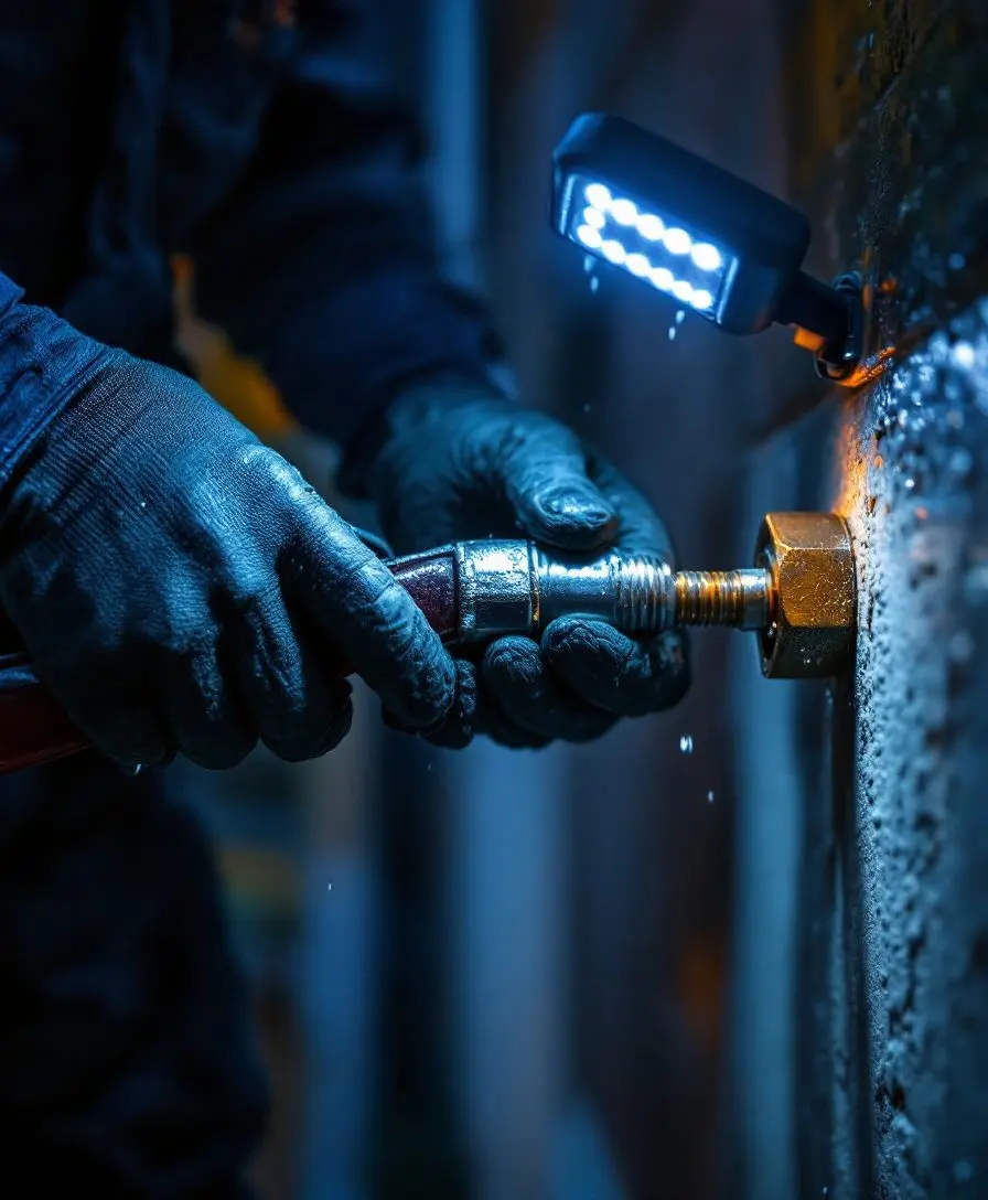 Close-up of gloved hands tightening a pipe fitting under a work light at night