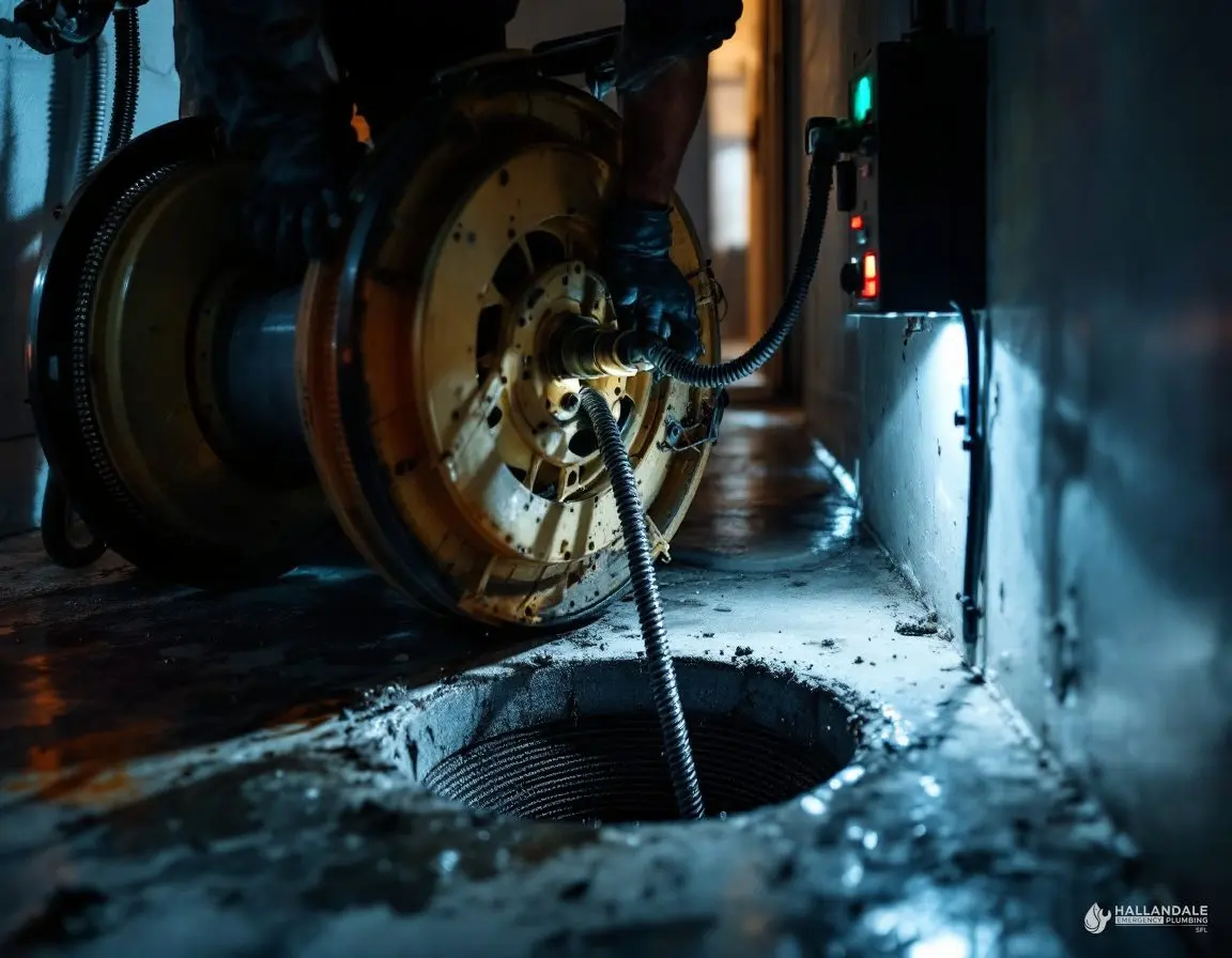 A drain cleaning drum machine feeding a cable into a floor cleanout inside a condo mechanical room at night
