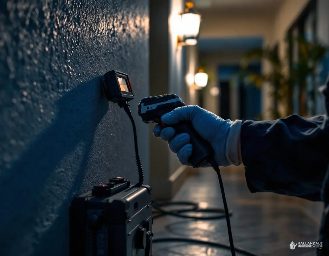 A plumber holding acoustic leak detection equipment against a condo hallway wall at night