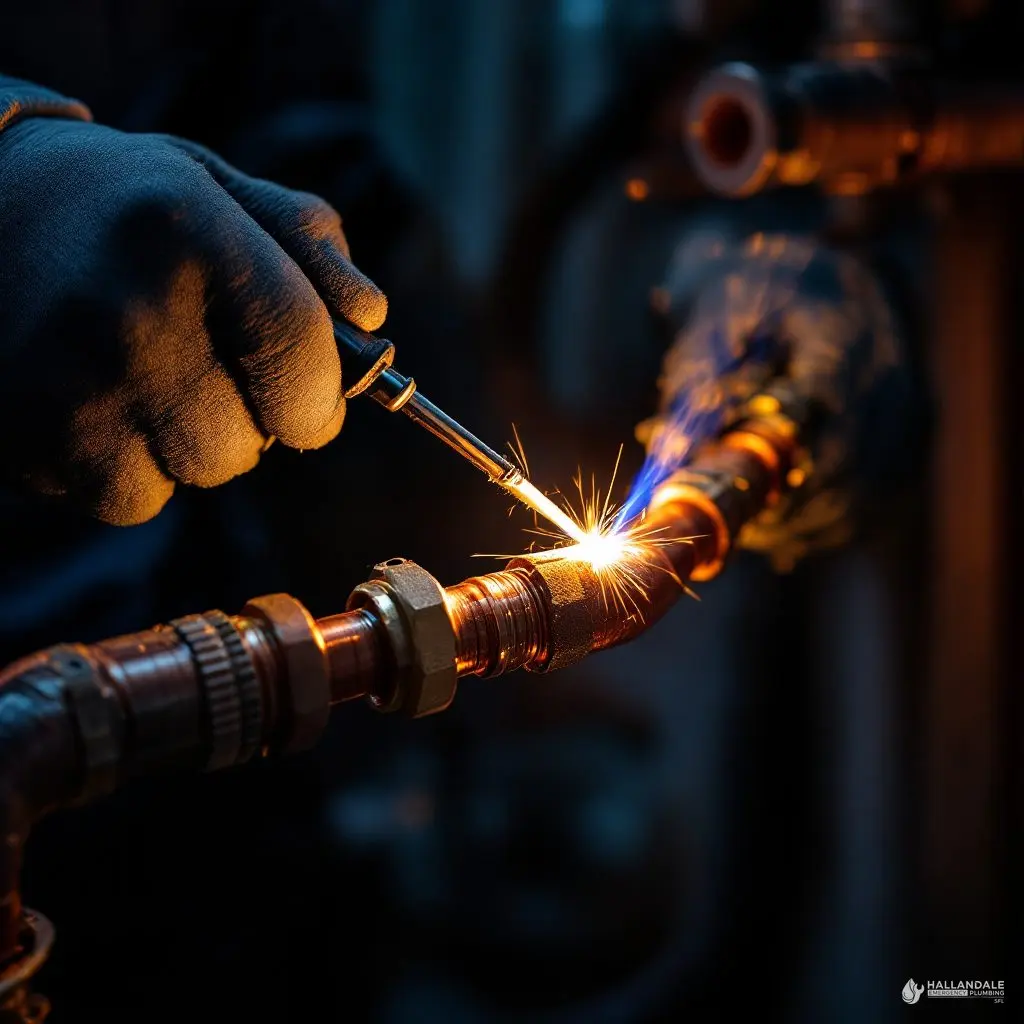 Close-up of gloved hands sweating a copper pipe joint on a manifold, torch flame lighting the fitting