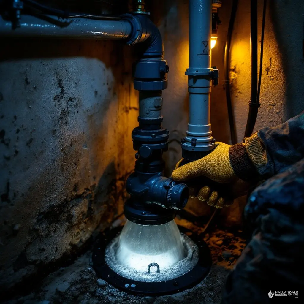 Close-up of a sump pump check valve and discharge line freshly sealed inside a condo mechanical room