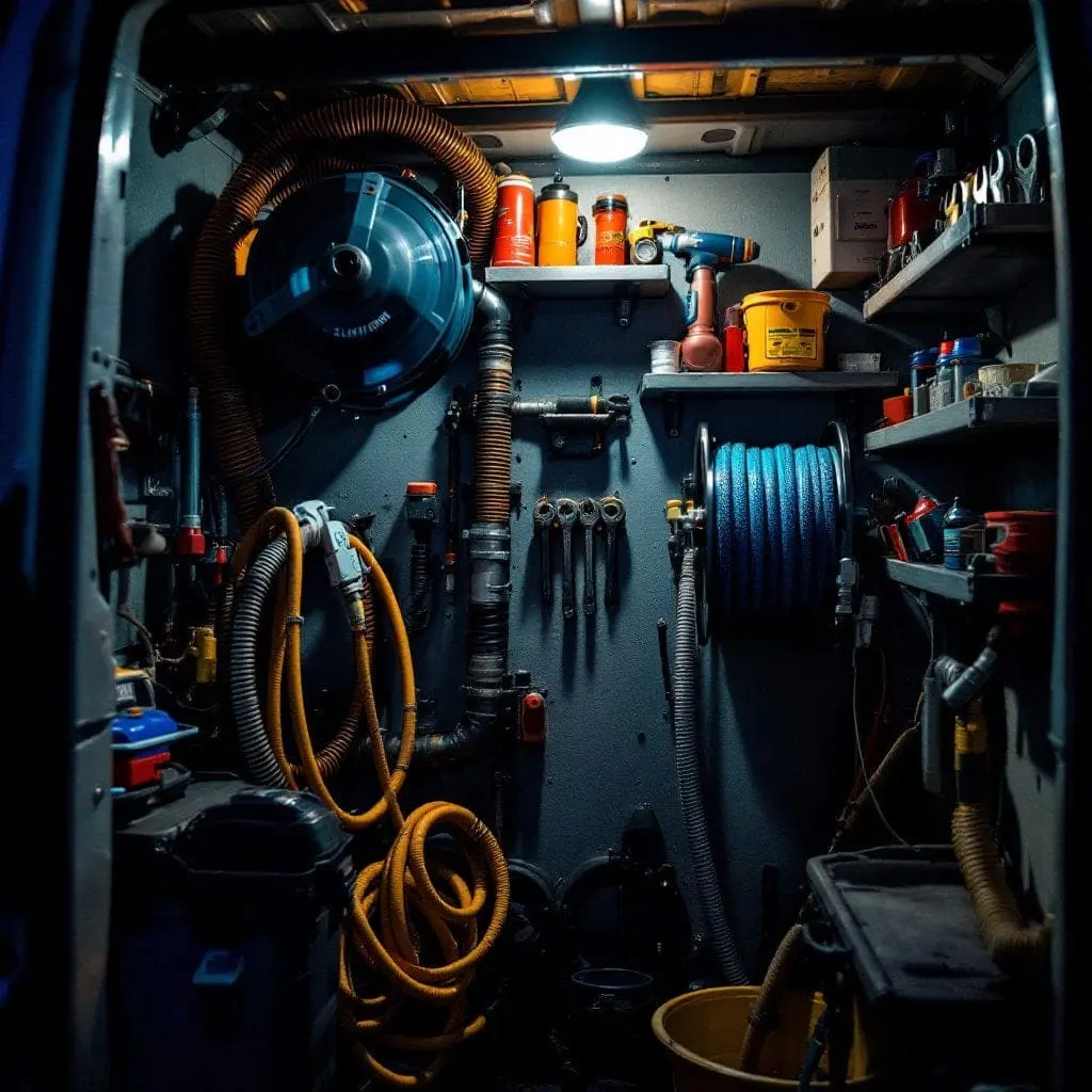 Organized plumbing equipment inside a service van at night, including a camera reel and a hydro-jetting hose reel